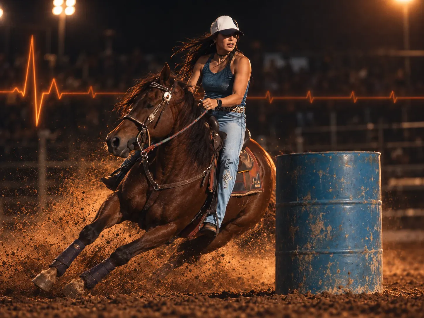 Vanessa Castro contornando o primeiro tambor a galope, focada, com poeira subindo